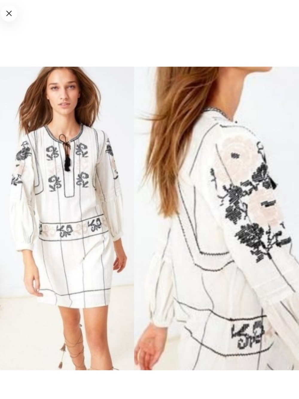 Ulla Johnson Ivory Embroidered Peasant Dress with Black Tassels